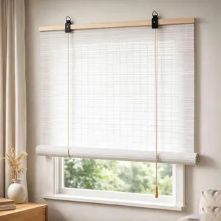 80x210cm Sonnenschutz Bambusrollo in Natur Weiß,Bambus Rollo Raffrollo | Sonnenschutz/Lichtfilterung/Anti-UV,Seitenzug Sichtschutz Jalousie,für Innen- und außenbereich Terrasse/Garten/Fenster