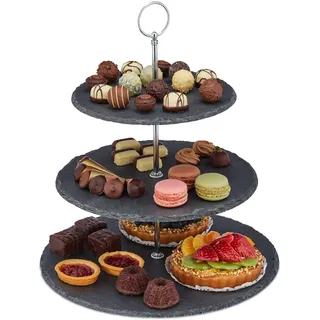 Relaxdays Etagere, 3 Etagen, Schiefer, Kuchen, Snacks, Obst, Metallgriff, Servierständer, HxD 34x30 cm, anthrazit/silber, 10030732