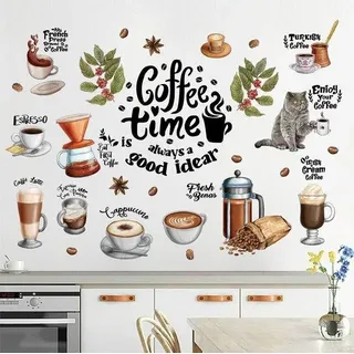 36 Stück Kaffee-Motiv-Mauerstickers mit Katze, Tasse und Kaffeebohnen für Wohnzimmer, Esszimmer, Kaffeebar, Küche und Schrank