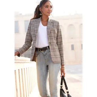Kurzblazer LASCANA, Damen, Gr. 44, braun (kariert), Web, Obermaterial: 64% Polyester, 33% Viskose, 3% Elasthan. Futter: 100% Polyester, kariert, tailliert hüftlang, Blazer Kurzblazer, in klassischer Form, taillierter Damenblazer, sportlich elegant, Topseller