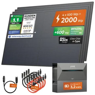 Solarway® 2000Wp / 800W Balkonkraftwerk mit 3,2 kWh Speicher komplett Steckdose - 3,2 kWh Anker Solix 2 PRO Speicher
