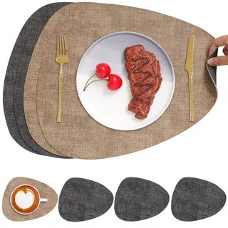 Chitomars Tischsets Kunstleder und Untersetzer, Tischsets Abwaschbar Doppelseitigen rutschfest Platzsets Rund Lederoptik Platzdeckchen Teller Untersetzer (4er Set, Grau Beige)
