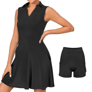 Bezioner Tenniskleid Damen mit Hose Sportkleid Frauen Ärmellos Golfkleid Damen mit Taschen Tennis Outfit Schwarz S