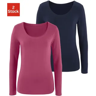 Langarmshirt VIVANCE "aus elastischer Baumwoll-Qualität", Damen, Gr. 32/34, transparent (beere, navy), Single Jersey, Obermaterial: 95% Baumwolle, 5% Elasthan, unifarben, Basic, bequem normal, tiefer Rundhals, Shirts Langarmshirt, sommerliches Langarmshirt, Topseller