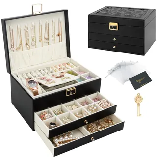 DesignSter Schmuckkasten, Schmuckkästchen mit 3 Ebenen mit Schubladen, PU-Leder Schmuckbox Schmuckschatulle Groß Schmuck Organizer für Ringe Ohrringe Armbänder Halsketten, Schwarz
