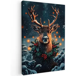 MuchoWow Leinwandbild Hirsch - Weihnachten - Winter - Schnee - Weihnachtskranz Wanddeko Schlafzimmer 60x90 cm , Dunkelbraun , Textil , Kiefer , Abstrakt , Rechteckig , 60x90 cm , FSC 100% , gerahmt , Bilder & Rahmen, Bilder, Leinwandbilder