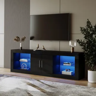 Moderner TV-Ständer für 60"-Fernseher; 16 Farb-LED, Bluetooth-Steuerung; Hochglanz-Schranktüren, verstellbare Einlegeböden, geräuschlose Scharniere - Schwarz