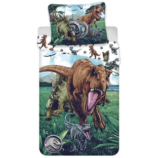Jerry Fabrics Kinderbettwäsche Set Jurassic World Dinosaurier Dino T-Rex, Stegosaurus, Velociraptor Blue Urzeitmonster Bettdecke 140x200 + Kopfkissen 70x90 cm, 100% Baumwolle - Weiß, Braun, Grün