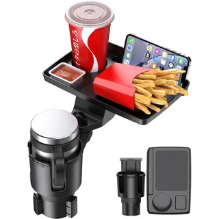 Getränkehalter Auto Tisch Tablett, 5 in 1 Verstellbarer Auto-Getränkehalter-Expander mit 25cm abnehmbarem Tisch und Telefonhalterung, 360° Verstellbares Auto Tisch für Wasserflaschen Getränk Snack