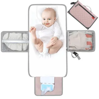 Lekebaby Tragbare Wickelunterlage, Baby Wickelunterlagen für Unterwegs mit 3 Fächern, Wasserdichte faltbare Wickelunterlage mit Tuchspender,Rosa