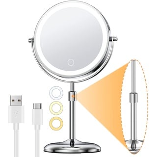 Gospire Wiederaufladbar Kosmetikspiegel mit Licht, 1X/10X Vergrößerung, 3 Farben Dimmable & Höhenverstellbar 7" Schminkspiegel, 360°Schwenkbar Doppelseitiger LED Make-up Spiegel, Chrom