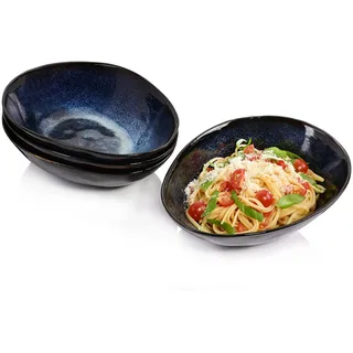 Sänger Pastateller Tokio 4 tlg, Spaghetti Teller 4 Personen, Steingut | Geschirr Set Pasta, Nudelteller Spülmaschinenfest, Pastaschale Blau-Schwarz mit Braunen Akzenten 1,2L