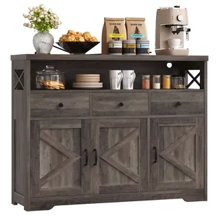IRONCK Küchenschrank Sideboard mit Steckdose 2AC+1USB+1C, Aufbewahrungsschrank 3 Schubladen 3 Türen, Küchenbuffet Kaffeebar Schrank für Wohnzimmer Esszimmer, verstellbare Ablage 107x35x95cm (Okan)