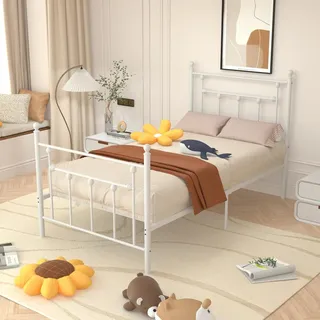 VECELO Metallbett 90 x 200 cm Minimalistischer Bettrahmen mit Kopfteil und Lattenrost, Modern Gästebett Jugendbett, Einfacher Aufbau für Schlafzimmer Gästezimmer, Weiß