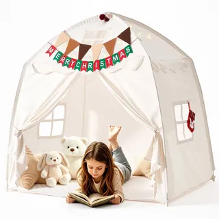 VEVOR Spielzelt Kinderzelt Tipi Zelt Kinderspielhaus 1500x960x1500 mm Beige, Möbel für Kleinkinder, mit Fiberglasrahmen, Gepolsterter Matte, Sternenlichtern, Tragetasche, Flagge & Atmungsaktivem Fenster