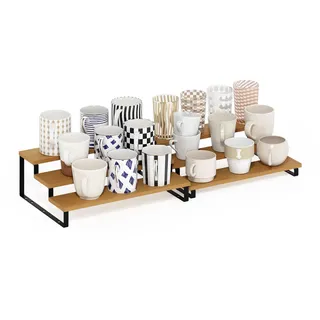 Furinno Ravel 3-stöckiger Mehrzweck erweiterbarer, ineinander stapelbarer Gewürzregal-Organizer für die Küchenarbeitsplatte, 2er-Set, Buche/Schwarz