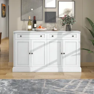 Flieks Kommode Sideboard mit 2 Schubladen und 4 Türen mit verstellbaren Ablagen, Wohnzimmerschränke Buffetschrank mit Griff, 150x40x86cm, Weiß - Weiß