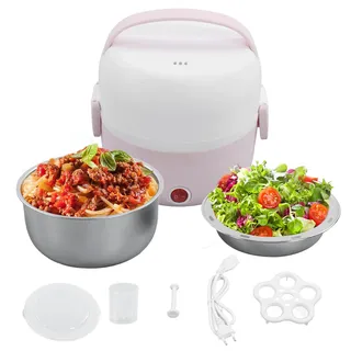Plplaaoo Elektrische Lunchbox,1.2l 250w Thermo Lunchbox,220v Eu-Stecker GroßEr Beheizbare SpeisenwäRmer,Tragbarer Edelstahl-LebensmittelwäRmerbox,Selbstkochende Lunchbox für Auto,BüRo(Rosa)