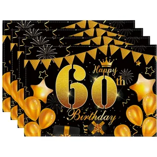 Artoid Mode 60 Geburtstag Schwarz Gold Happy 60th Birthday Platzsets 4er Set, 30x45cm Tischsets Waschbar Platzdeckchen Küche Feier Party Deko