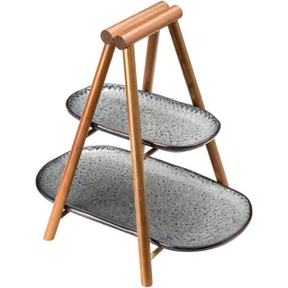 LEONARDO HOME Matera Etagere - Kleine Etagere 2 stöckig aus Keramik und Holz - Eckiger Teller zum Anrichten von Apero, Snacks, Käse etc. - 33,6x8,2x24,5 cm (BxHxT) - Anthrazit, 022854