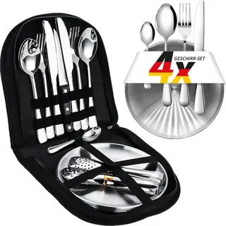 Camping Geschirr Set für 4 Personen. 23-teiliges Edelstahl Besteck & Teller | Geschirrset inklusive Gabeln, Messern, Löffeln und Teelöffeln. Tragbares Besteckset für Outdoor, Picknick, Wohnmobil, Grillen