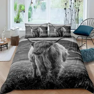 Bettwäsche Set 200x200 cm 3-teilig Mikrofaser mit Tiermotiv Waldtiere Rinder Longhorn Bull