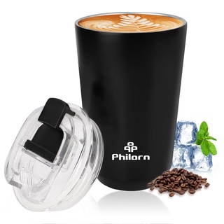 Philorn Thermobecher Kaffee to go Becher - Schwarz 13oz/380ml Kaffeebecher to go mit Deckel - Auslaufsicher Coffee to go Becher Thermo aus Edelstahl, Wiederverwendbar Kaffee Thermobecher