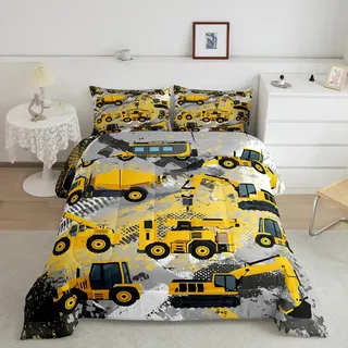 Feelyou Kinder-Bettwäsche-Set für Jungen, Cartoon-Autos, Bagger, Traktor, Tröster-Set, Baumaschinen, LKW, Autos, Bett-Set mit 1 Kissenbezug, Gelb, Größe: Twin, Zeitgenössisch, für Kinder