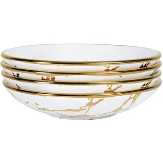 fanquare Set aus 4 Weiß Marmor Pastateller aus Porzellan, 500ml Salatschüssel mit Goldrand, Spülmaschinenfest, Einfach zu Säubern
