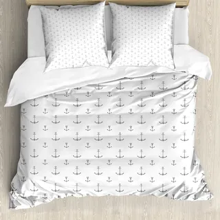 ABAKUHAUS Anker Bettbezugs Set Für Doppelbetten, Minimalist Nautisch Ikonen, Milbensicher Allergiker geeignet mit Kissenbezügen, Anthrazit grau und Weiß