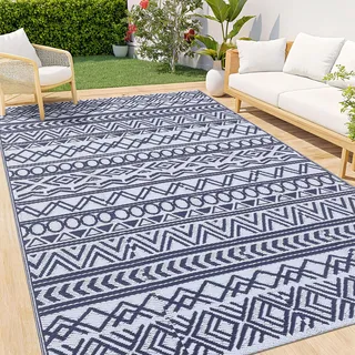 smiry Outdoor Teppich Wetterfest 120 x 180 cm, Modern UV-beständig Geometrisches für Terrasse Balkon Garten Wohnzimmer, Marineblau & Weiß
