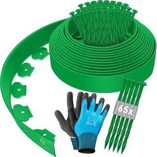 KESSER® Flexible Rasenkante aus Kunststoff Länge 10m Höhe 5cm, mit 50 Erdanker + Handschuhe, Beeteinfassung Beetumrandung Beetbegrenzung Mähkante Pflastersteine Palisade - Grün