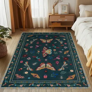 MOSISO 121 x 182cm Teppich für Wohnzimmer,rutschfest Vintage Schmetterling&Insekt Niederflur Teppich,Kunstwolle Rechteckig Waschbare Teppiche Für Wohnzimmer Schlafzimmer Esszimmer Zuhause,Grün