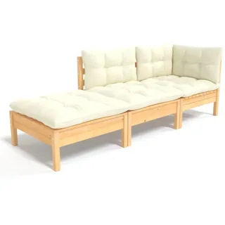 vidaXL 3-tlg. Garten-Lounge-Set mit Creme Kissen Massivholz Kiefer