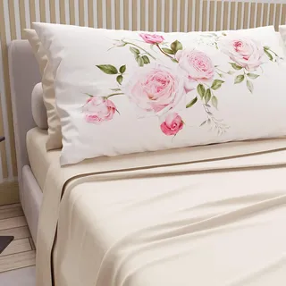 PETTI Artigiani Italiani - Bettwäsche aus Baumwolle mit Kissenbezügen mit Digitaldruck, für Einzelbett, komplettes Ober- und Unterlaken mit Ecken, Creme, 100% Made in Italy