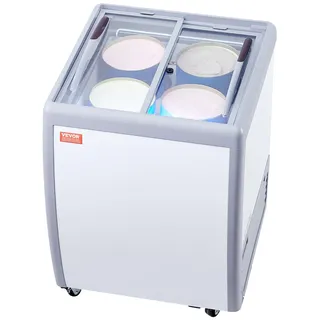 Vevor Kommerzielle Eiscreme-Vitrine, 158-L-Gefriertruhe, Mobiler Tiefkühlschrank mit Glasplatte, Restaurant-Gelato-Tauchschrank mit 4 Großen Behältern, 2 Glasschiebetüren, Feststellbaren Rollen, Weiß