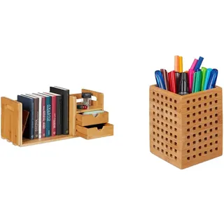 Relaxdays Schreibtisch Organizer Bambus, 2 Schubladen, 21x80,5x19 cm, Natur & , natur Stiftköcher Bambus, Utensilienbox Holz, f. Stifte, Schere, Stiftehalter, Landhausstil, HBT 11 x9 x 9 cm, Standard