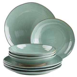MÄSER Serie Nottingham, Vintage Teller-Set für 4 Personen, 8-teiliges Tafelservice mit Speiseteller und Suppenteller im unregelmäßig runden Retro Look, Steinzeug, Türkis-Grün