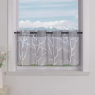 Delien Voile Scheibengardine mit Ösen Bistrogardinen Landhaus für Küche Transparente Kurzstores Modern Gardine »Zweig« Klein Fenster Kurz Vorhang BxH 120x45cm,Grau