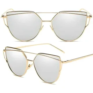 Verspiegelte Katzenaugen-Sonnenbrille, Silber, Metall, UV400-Filter - Gold
