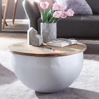 FineBuy Couchtisch Mango Weiß 60x34x60 cm Massivholz Metall Tisch Industrial Rund Design Wohnzimmertisch mit Stauraum Loungetisch Sofatisch Modern - Weiß