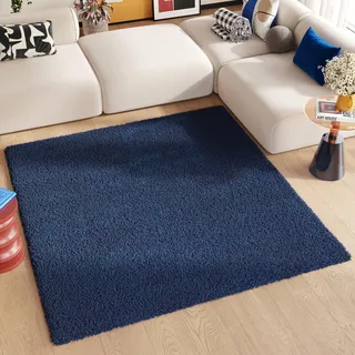 TAPISO Essence Teppich Quadratisch Shaggy Hochflor Langflor Dunkelblau Blau Einfarbig Weich Modern Design Wohnzimmer Schlafzimmer ÖKOTEX 120 x 120 cm
