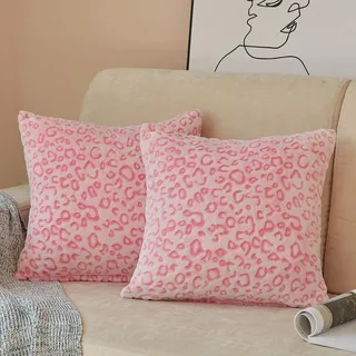 FY FIBER HOUSE 2er Set Flanell Fleece Kissenbezüge Kissenhülle mit Leopard-Druck, Zierkissenbezüge für Couch, Bett, Sofa, 45x45, Rosa