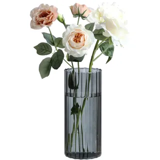 ComSaf Vase Innenrippen-Glasvase, Blumenvase für Tischdeko, Grau, 20 cm | Zylinder Rund Gross Borosilikat, Tulpen, Rosen, Pampasgras, Trockenblumen, Wohnzimmer, Hochzeit und saisonale Dekoration
