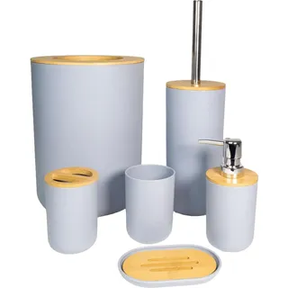 Intirilife Badezimmer Zubehör Set (6-tlg.) mit Zahnputzbecher Seifenschale Seifenspender Toilettenbürste - Grau , Naturmaterialen , 19.5x26x19.5 cm , Badaccessoires