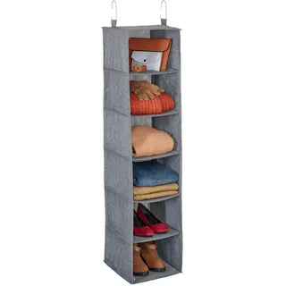 Relaxdays Kleiderschrank Hängeregal, 6 Fächer, Stoff, HBT: 131 x 30 x 30 cm, 2 Haken, Schrankaufbewahrung hängend, grau