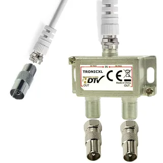 TronicXL IEC Verteiler Antennenverteiler Kabel + Adapter Kabelfernsehen DVB-T2 DVBC Koax zb für Unitymedia Splitter Vodafone Netcologne Netaachen Netkassel Telecolumbus Primacom Ewe Unicable 2fach