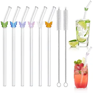 6 Stück Glasstrohhalme Lang, Strohhalme Glas Wiederverwendbar, Glasstrohhalm Gebogen, Glasstrohhalme mit Motiv, Trinkhalme Glas für Bubble Tea Säfte Cocktails Smoothie Milch Kaffee (Schmetterling)