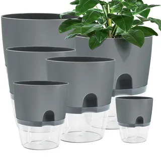 Muzhira Blumentopf Plastik, 6 stücke 22.3cm/15.3cm/10.5cm/8.2cm Kräutertopf mit Selbstbewässerung und Wasserspeicher, Moderne Pflanztopf für Zimmerpflanzen, Blumen und Kräuter - Grau