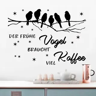 WandSticker4U®- XXL Wandtattoo Sprüche für die Küche DER FRÜHE VOGEL... + VÖGEL auf AST schwarz (120x68 cm) I Wandsticker Wandtattoo Küche Kaffee Spruch Deko für Büro, Esszimmer COOL